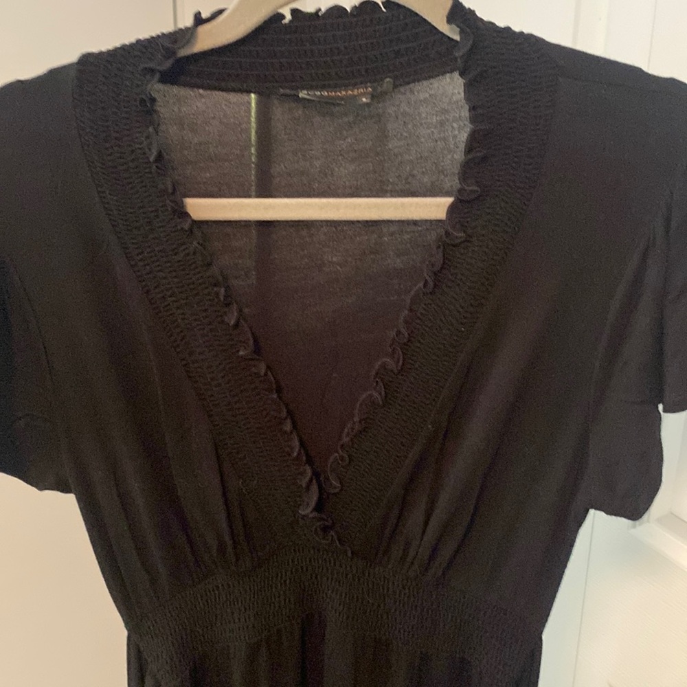 BCBG Max Azria black jersey dress with tie waist, ruffle packet and puff sleeve